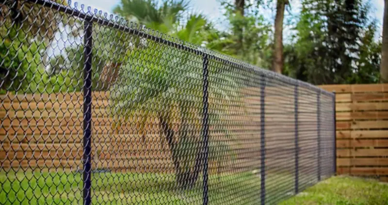 Black chain link fence in front of a horizontal-board wood fence, a Southern Line Fence & Finish job