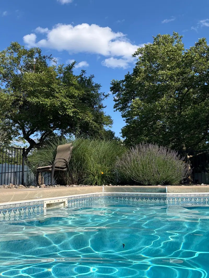 Backyard pool with a black aluminum picket pool fence at the edge of the deck