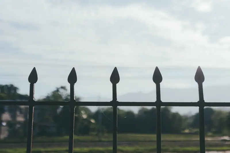 Black spear-top metal picket fence against soft trees and sky